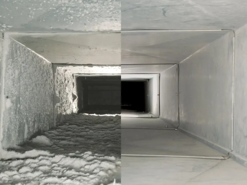 Intérieur d'un conduit de ventilation avant et après le nettoyage : poussière accumulée à gauche, conduit propre à droite